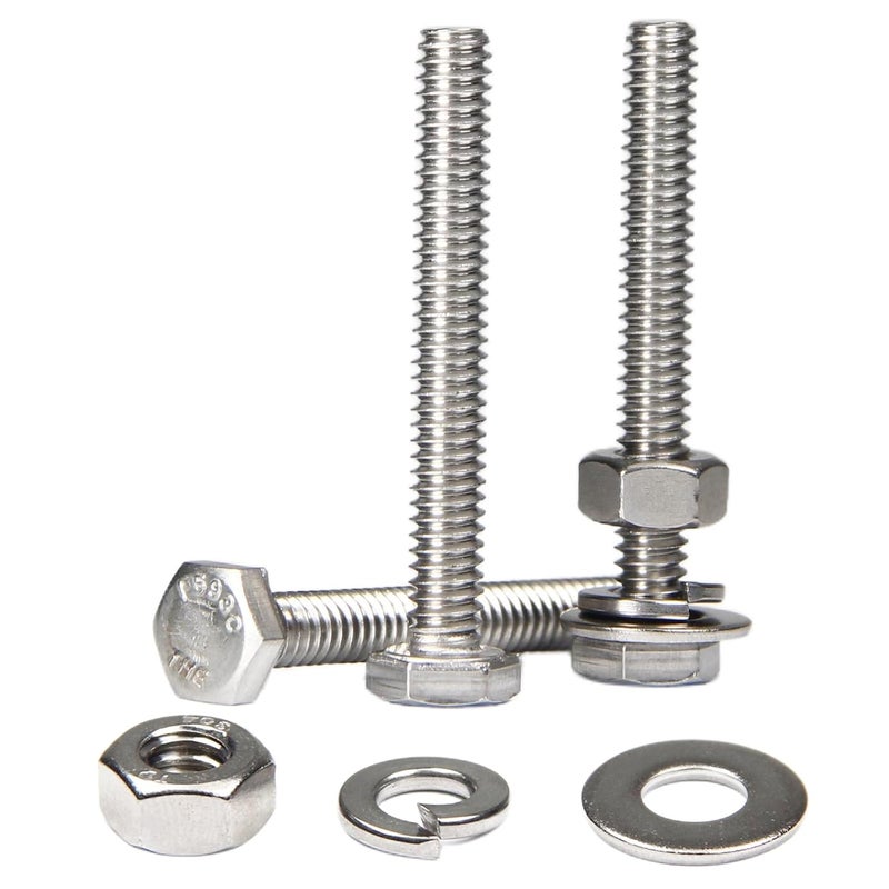 MroMax 10 مجموعات من براغي سداسية الرأس 1/4-20 × 2-1/2" ، وصواميل ، وغسالات مسطحة وغسالات قفل زنبركية ، ملولبة بالكامل ، من الفولاذ المقاوم للصدأ 18-8 (304) ، تشطيب لامع - Image 1